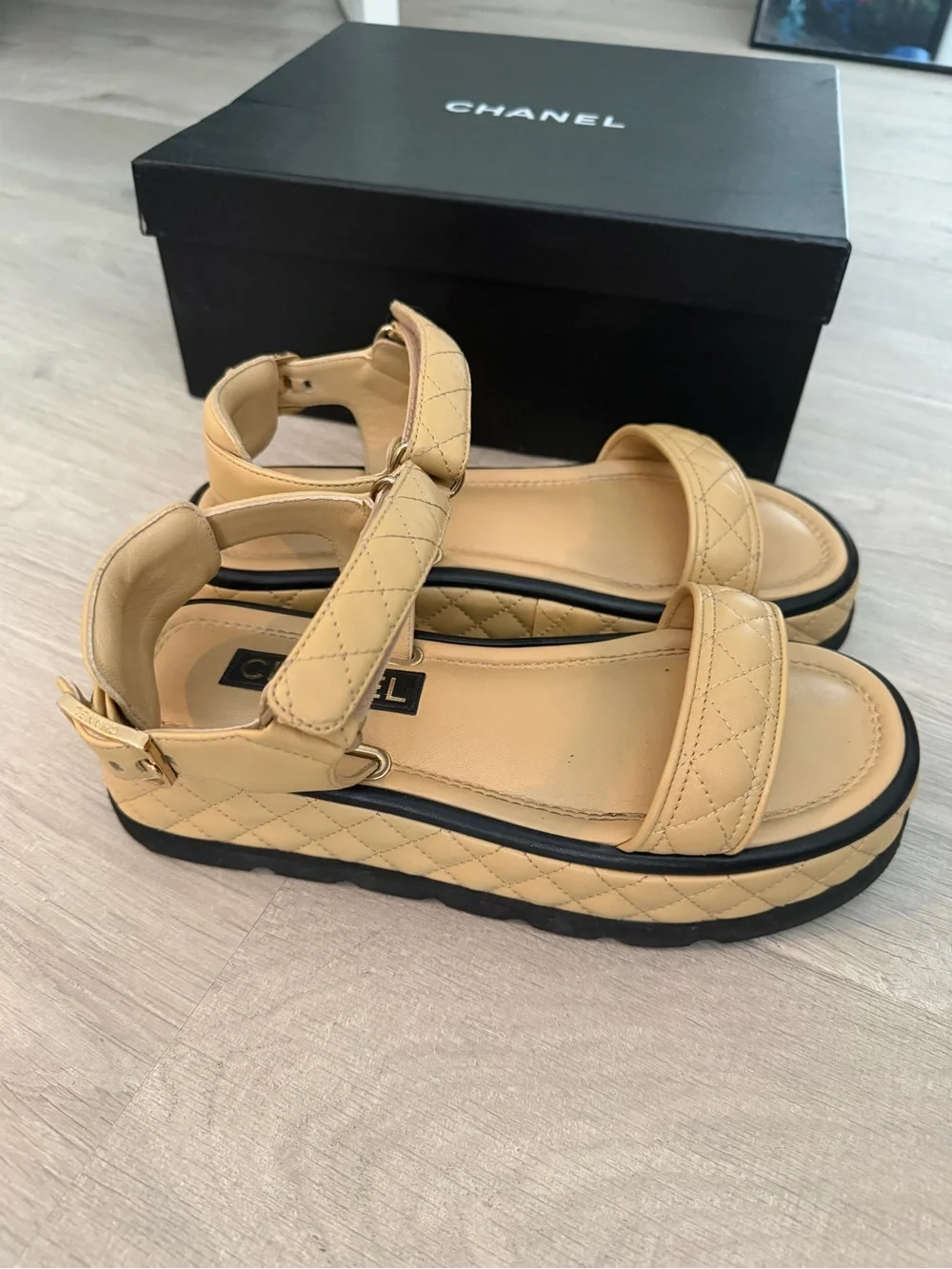 Chanel Beige/black Quilted Women's Sandals with Ankle Strap